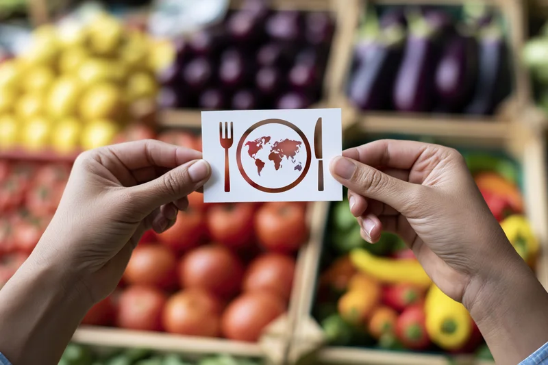 Hands holding a card with a world globe and fork knife symbol over a vegetable market display