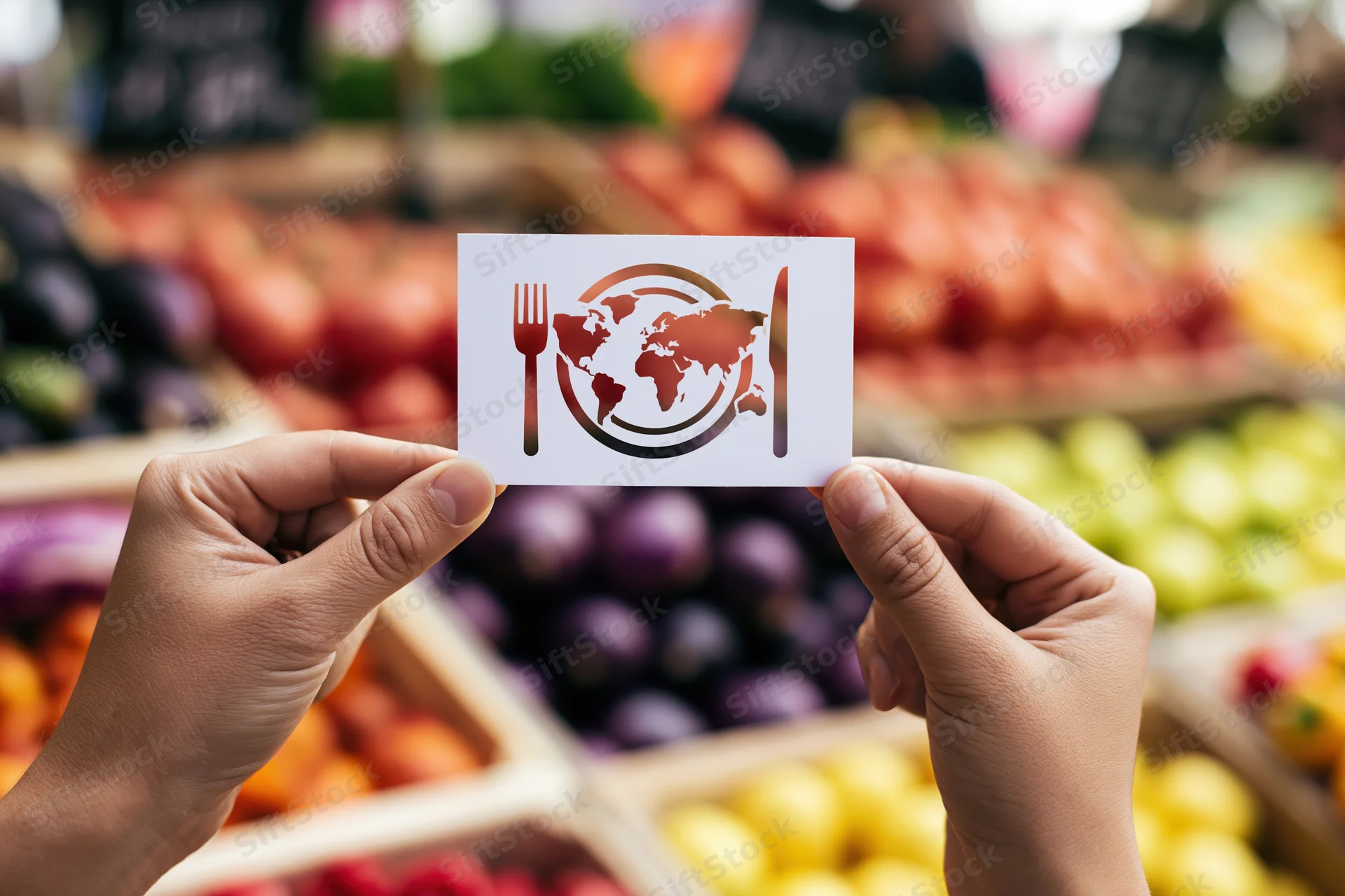 Hands holding a white card with a world map and fork knife cutout over a produce market display
