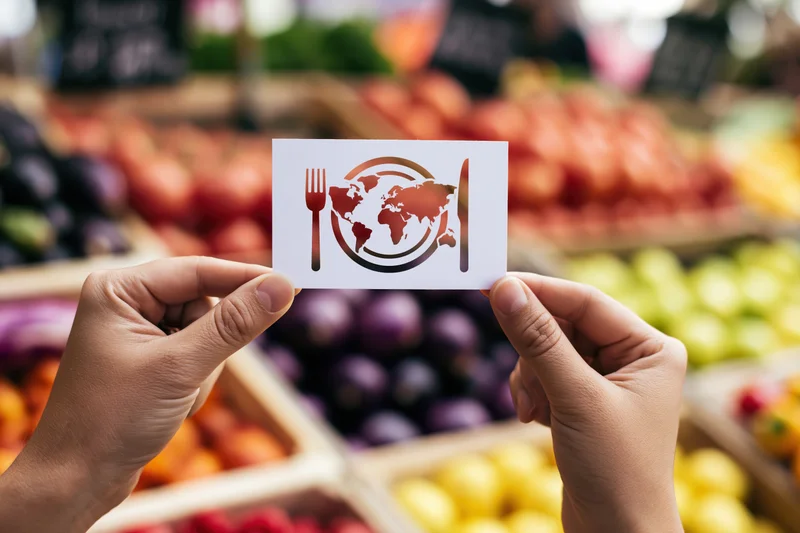 Hands holding a white card with a world map and fork knife cutout over a produce market display