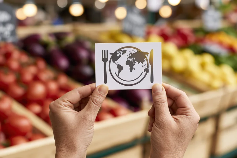 Hands holding a card with a globe and cutlery symbol in front of fresh produce at a market