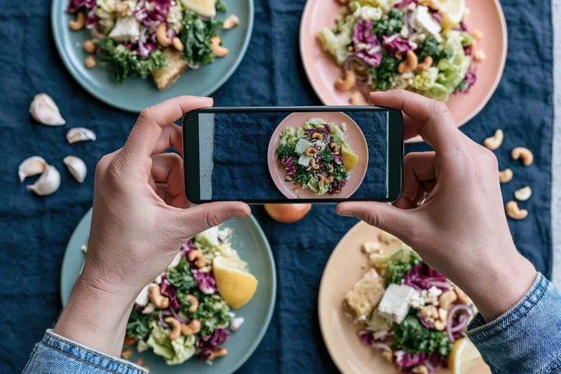 Hands holding smartphone photographing salad on plates arranged on blue cloth