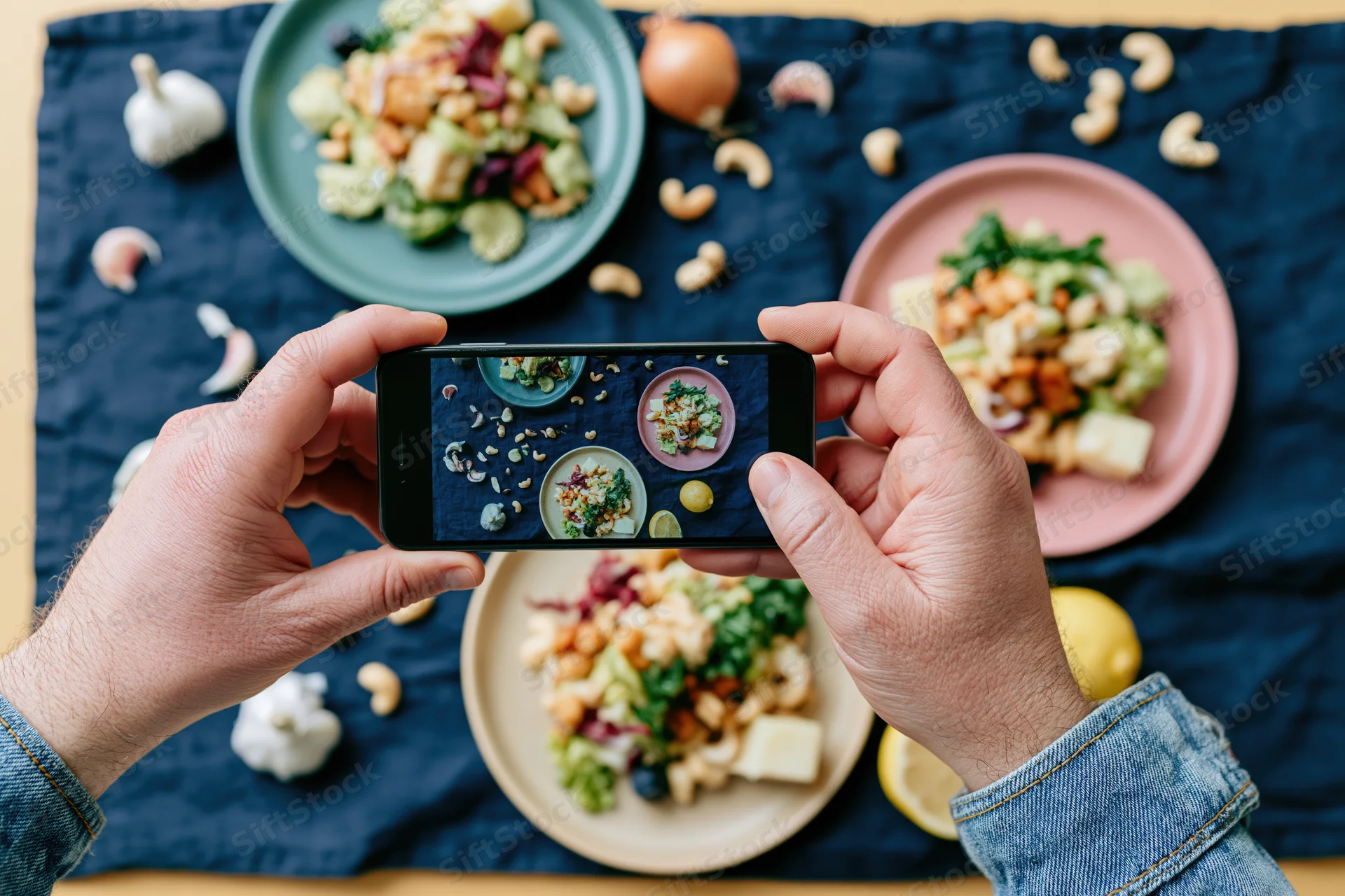 Hands holding smartphone photographing colorful salad plates arranged on dark cloth with scattered ingredients