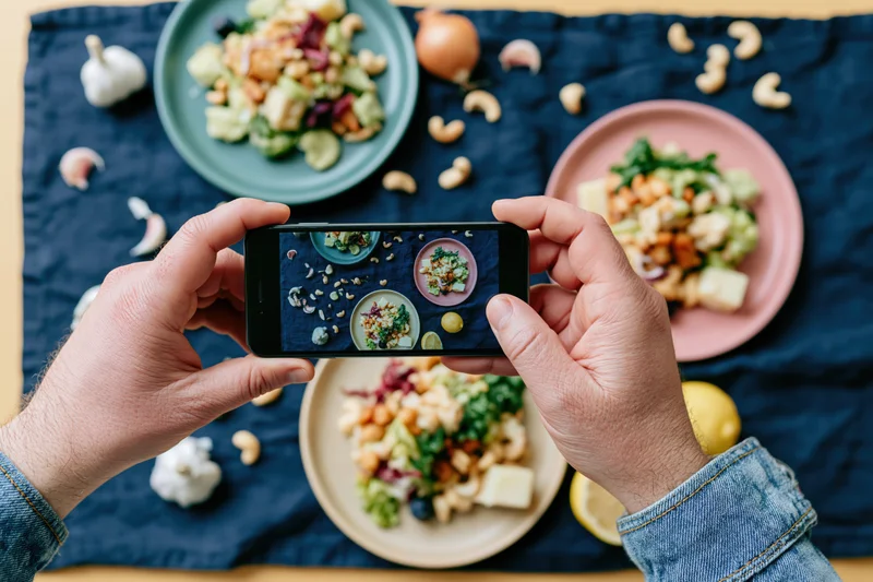 Hands holding smartphone photographing colorful salad plates arranged on dark cloth with scattered ingredients