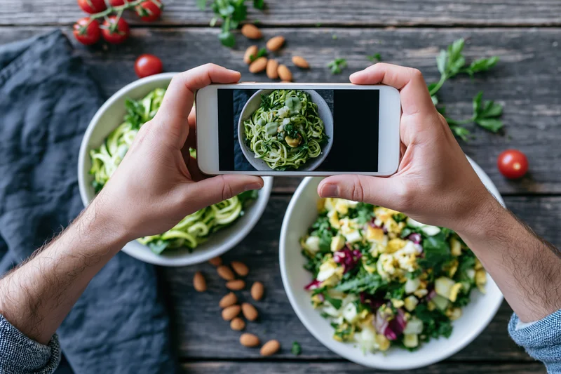 Hands holding smartphone photographing bowls of salad and vegetables on wooden table