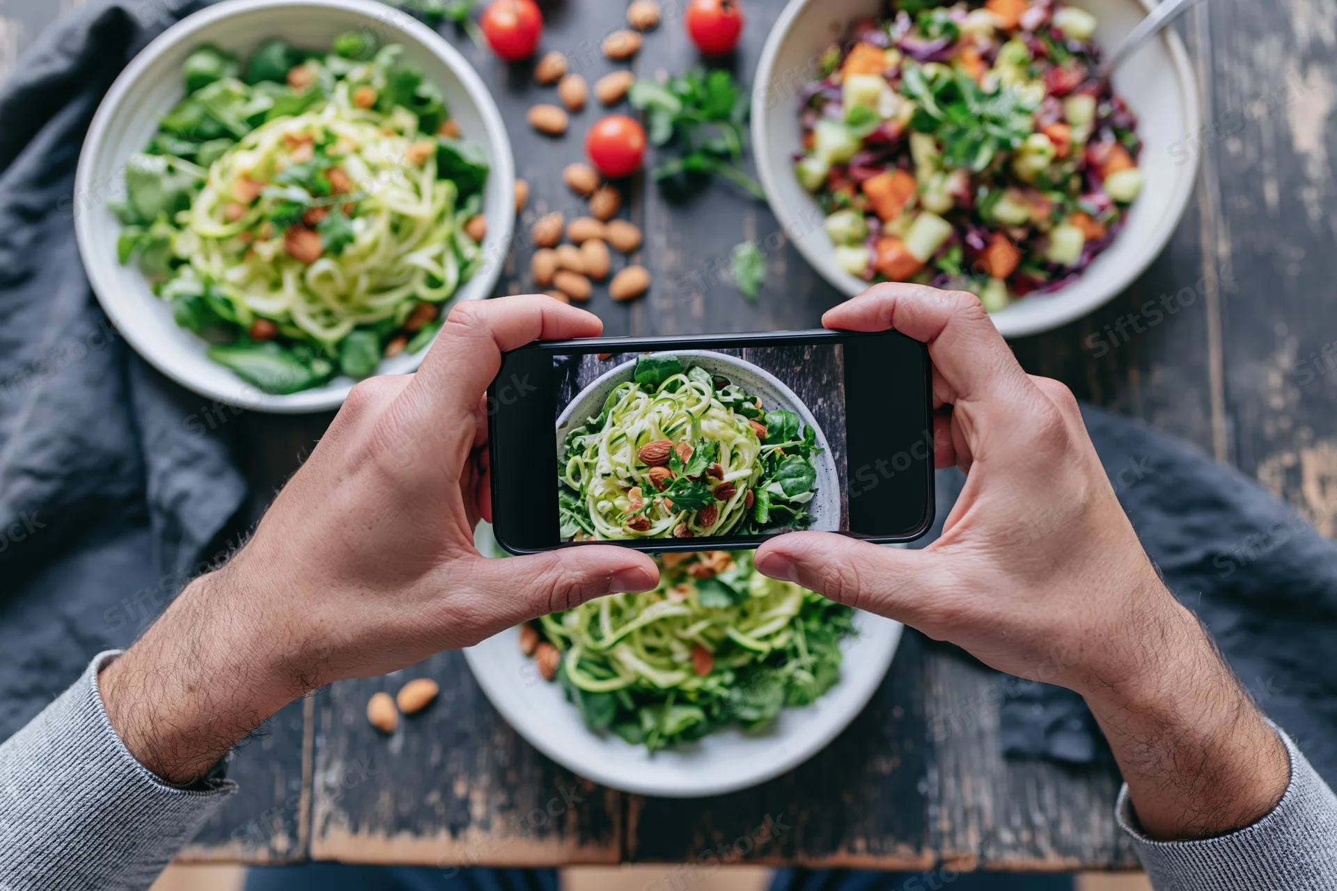Hands holding smartphone photographing bowls of zucchini salad on wooden table