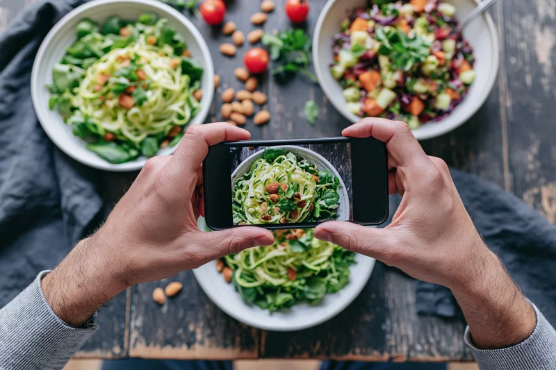 Hands holding smartphone photographing bowls of zucchini salad on wooden table