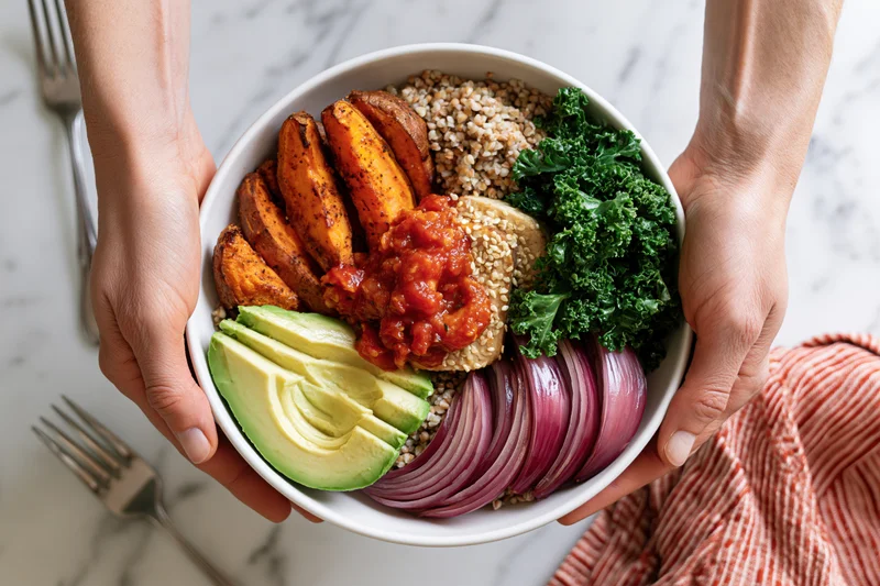 Hands holding a white ceramic bowl filled with vegan salad of kale, avocado, sweet potato, red onion, quinoa, and tomato sauce on a marble countertop