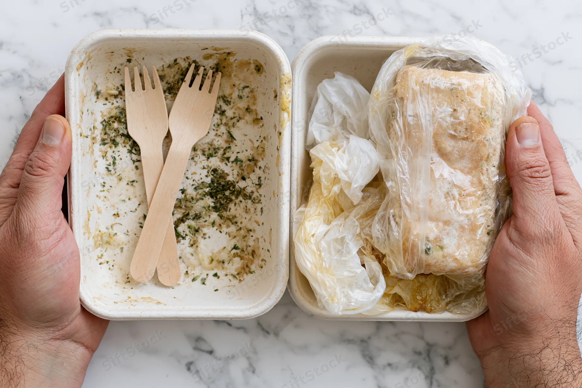 Hands holding nearly empty takeaway food containers with wooden forks and wrapped sandwich on marble surface