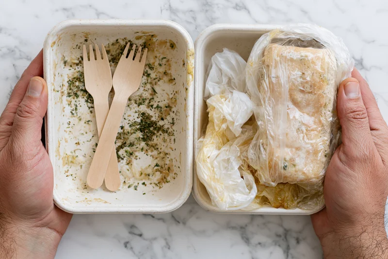 Hands holding nearly empty takeaway food containers with wooden forks and wrapped sandwich on marble surface