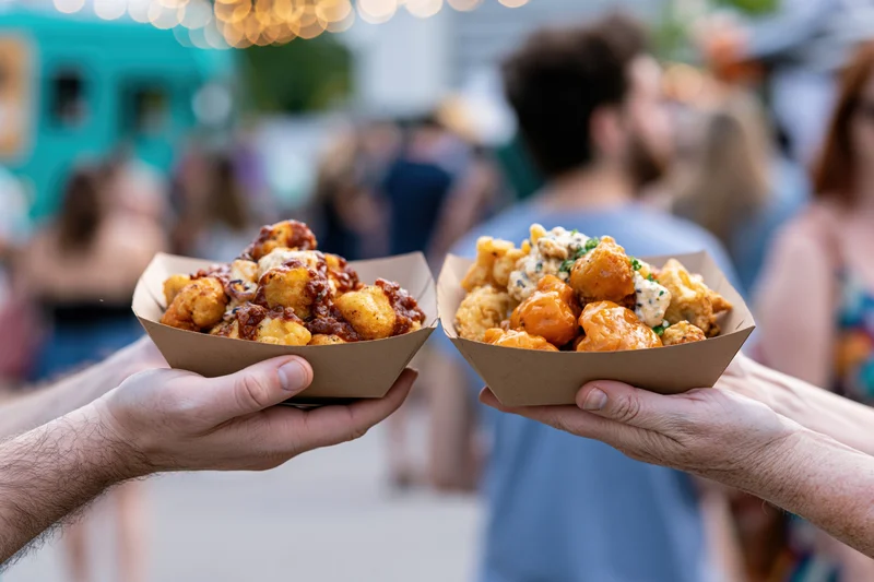 Two hands holding paper trays of fried bites at a lively outdoor food festival