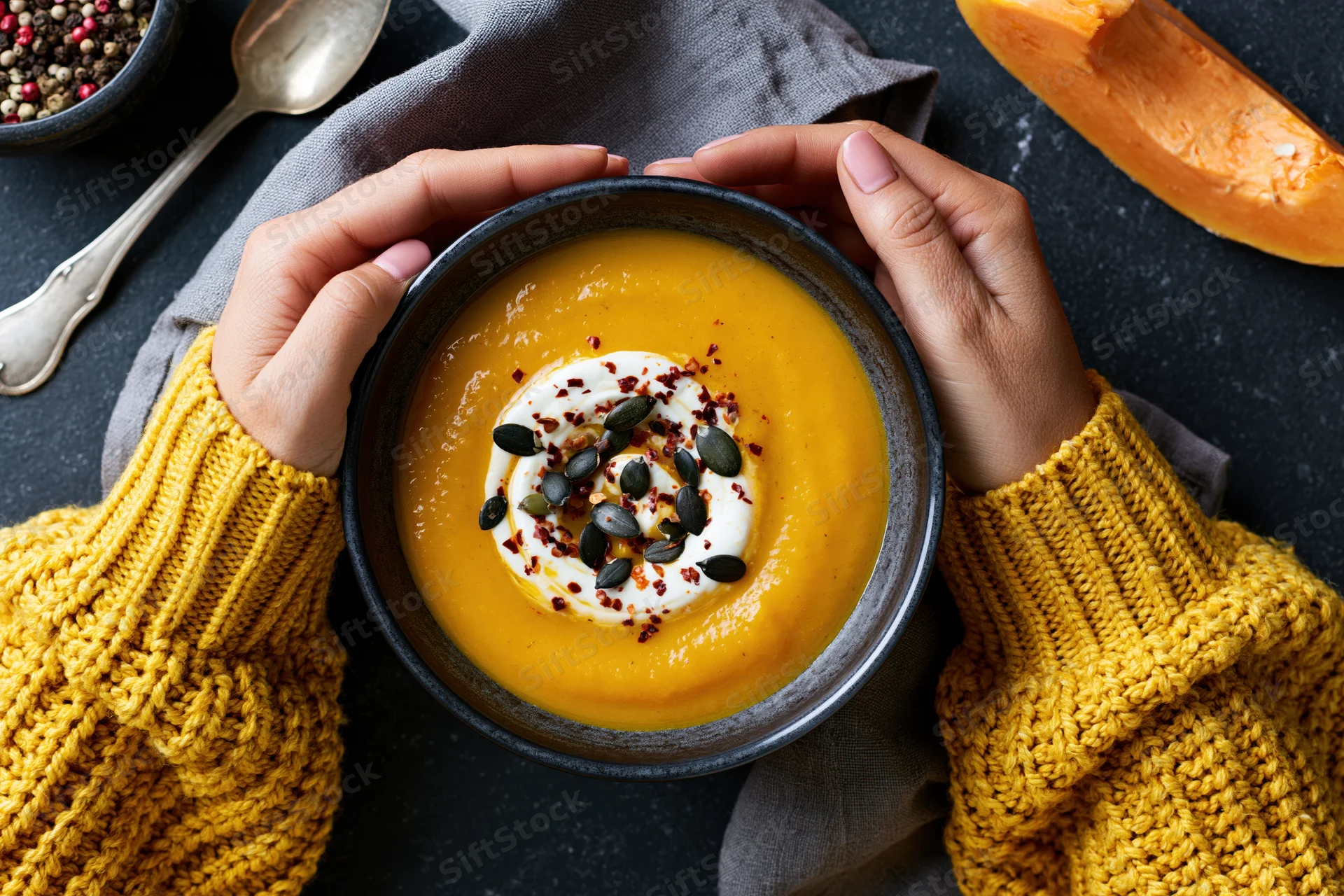 Hands in a yellow knit sweater holding a bowl of pumpkin soup with cream and seeds on a dark table