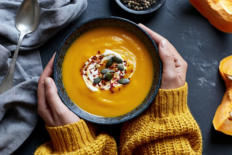 Hands in a mustard yellow knit sweater holding a bowl of pumpkin soup with cream and seeds on a dark table
