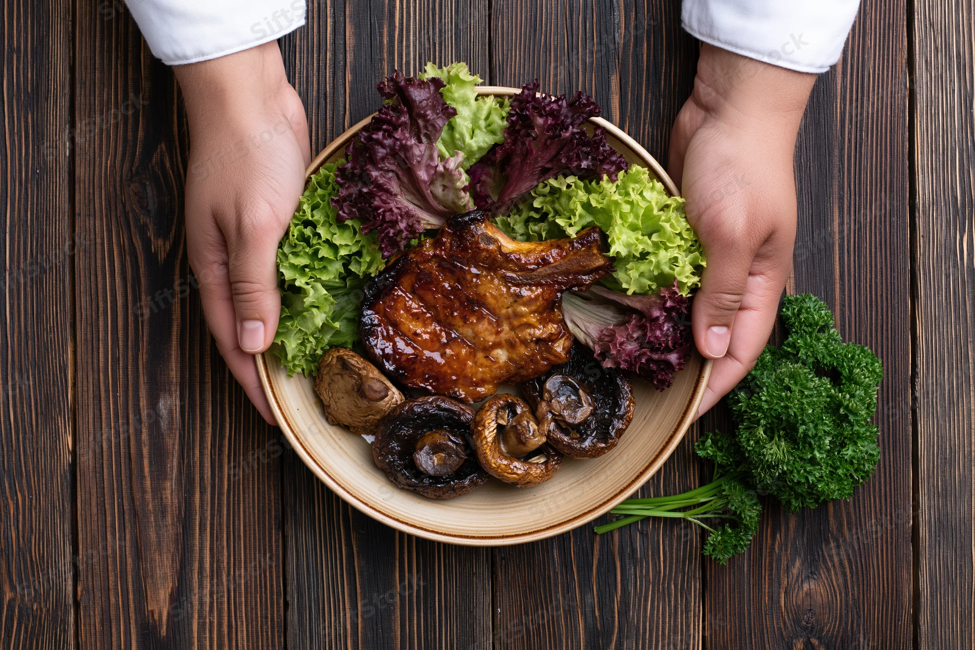 Chef's hands holding a plate with grilled pork ribs, mushrooms, and mixed greens on a dark wooden table
