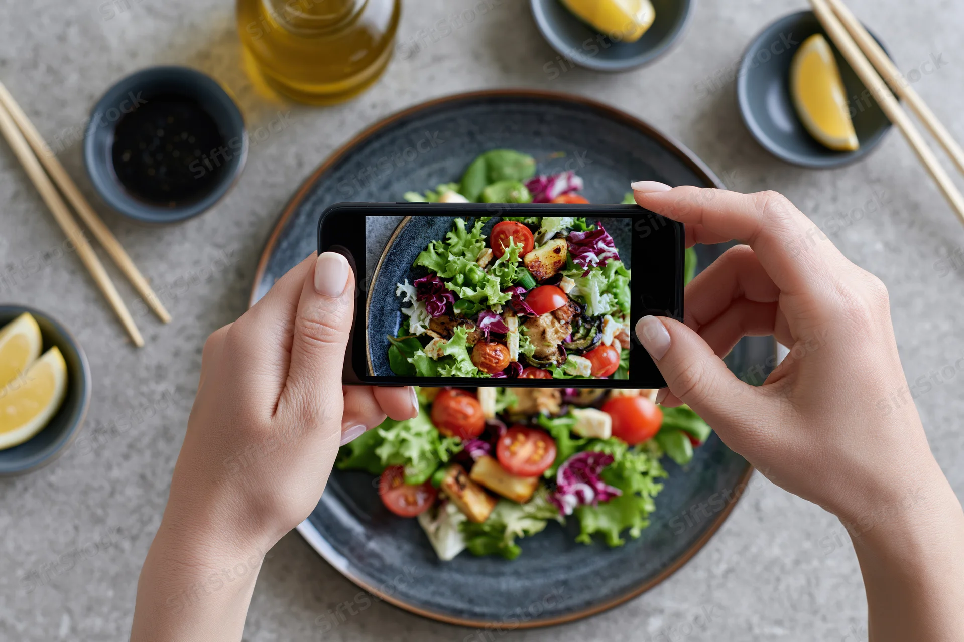 Hands holding smartphone horizontally to photograph salad on plate with chopsticks and lemon wedges on table