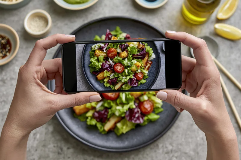 Hands holding smartphone horizontally to photograph salad on dark plate