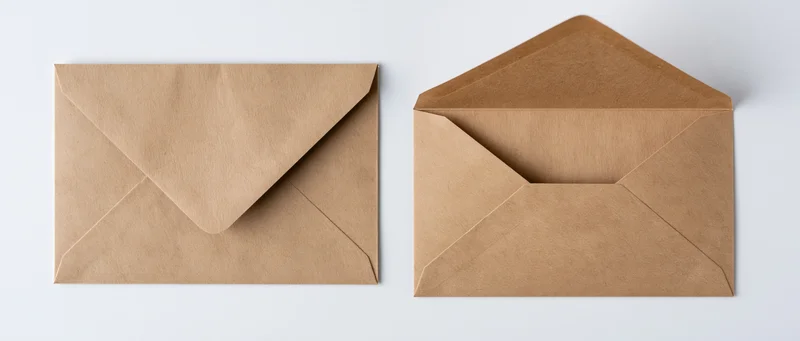 Two kraft paper envelopes side by side, one closed and one open, on a white background