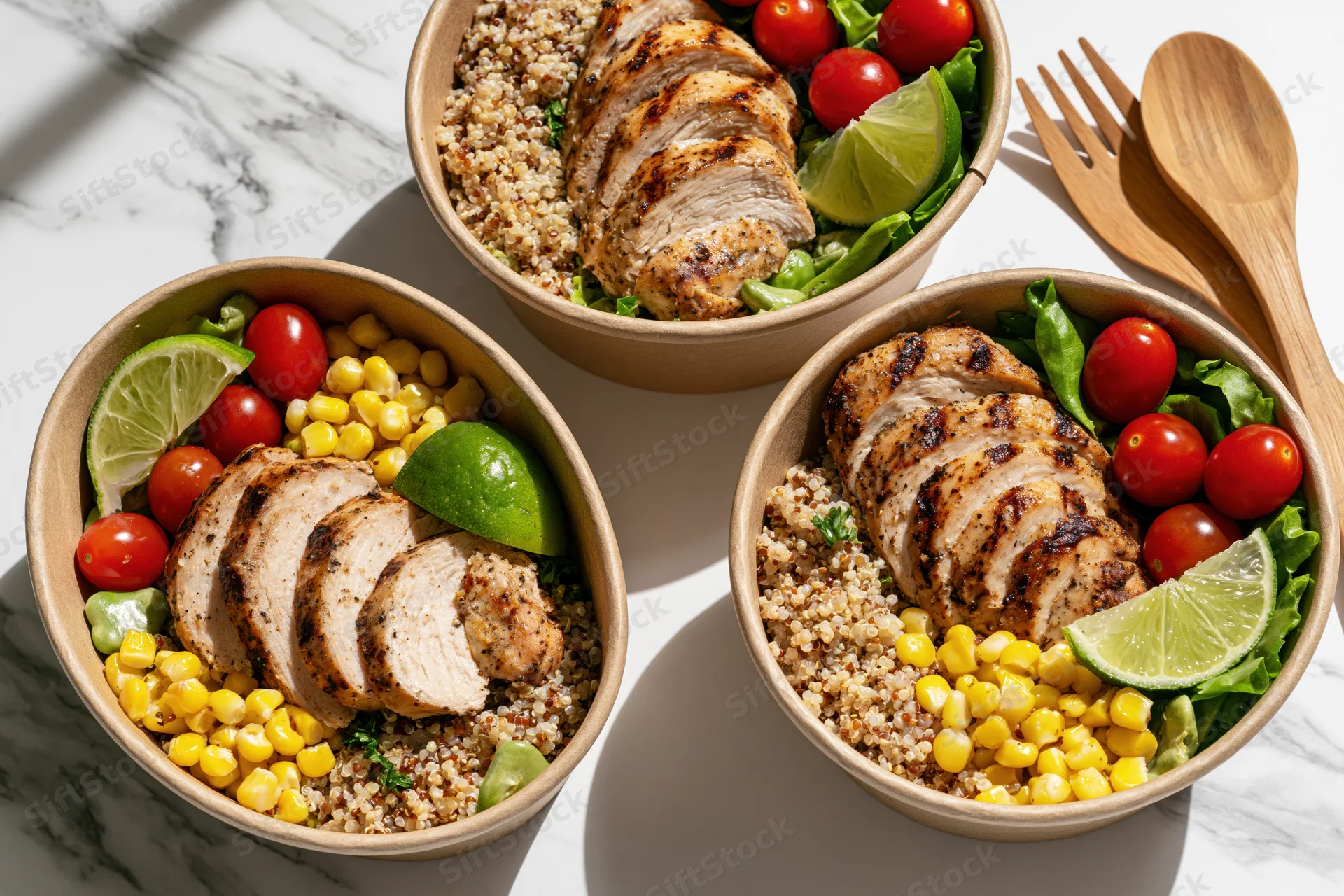 Three kraft paper bowls filled with grilled chicken, quinoa, corn, tomatoes and lime on a marble surface with wooden utensils beside them