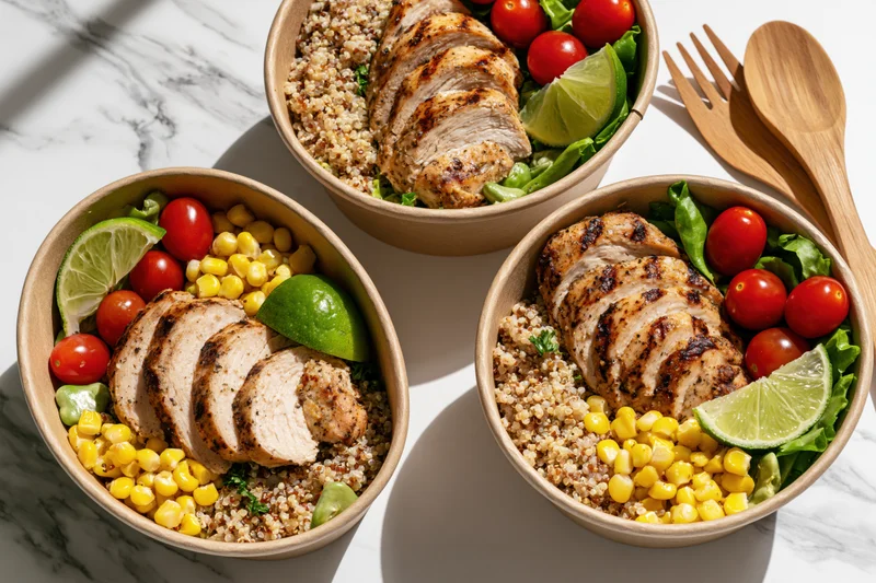 Three kraft paper bowls filled with grilled chicken, quinoa, corn, tomatoes and lime on a marble surface with wooden utensils beside them
