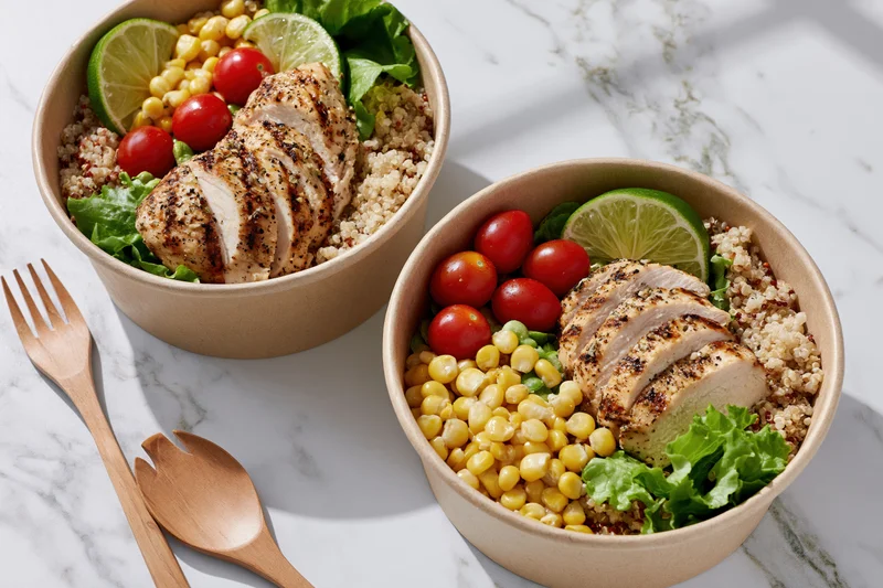 Two kraft paper bowls filled with grilled chicken, quinoa, corn, tomatoes, lime, and lettuce on a marble surface with wooden fork and spoon beside them