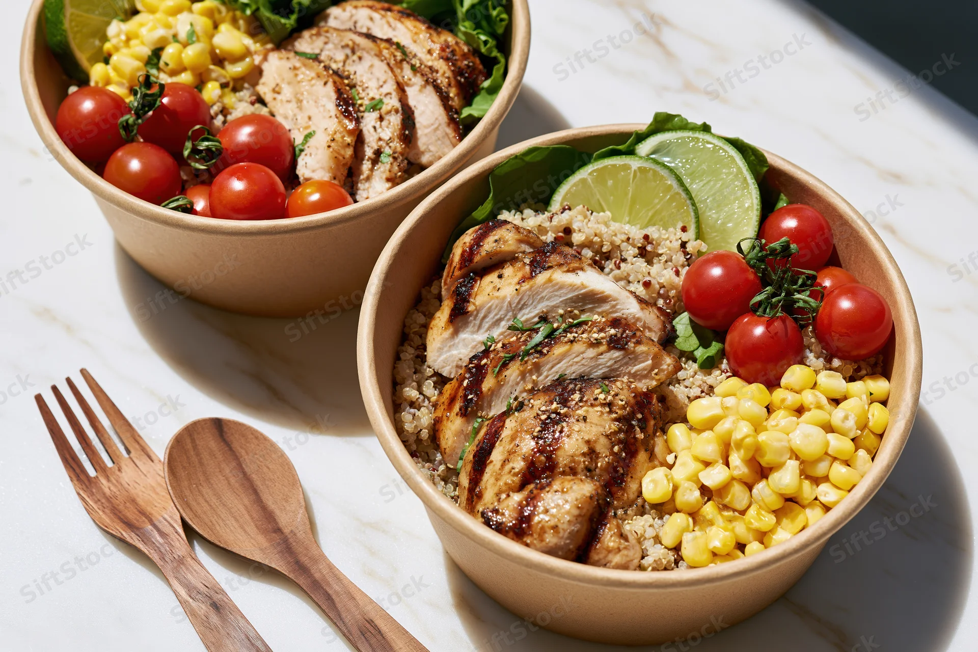 Two kraft paper bowls with grilled chicken, quinoa, corn, tomatoes and lime on a marble surface with wooden fork and spoon beside them