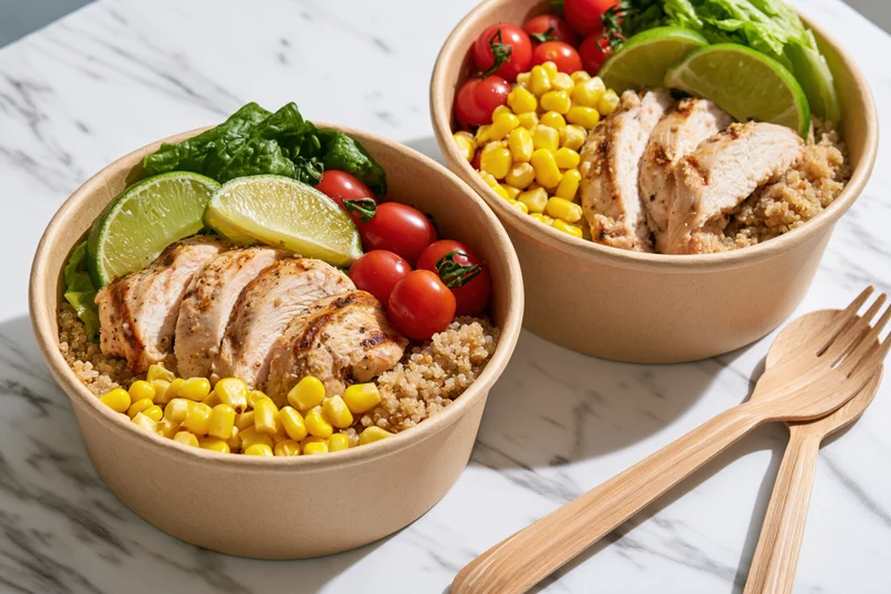 Two kraft paper bowls with grilled chicken, quinoa, corn, tomatoes, lime, and greens on a marble surface with bamboo cutlery beside them
