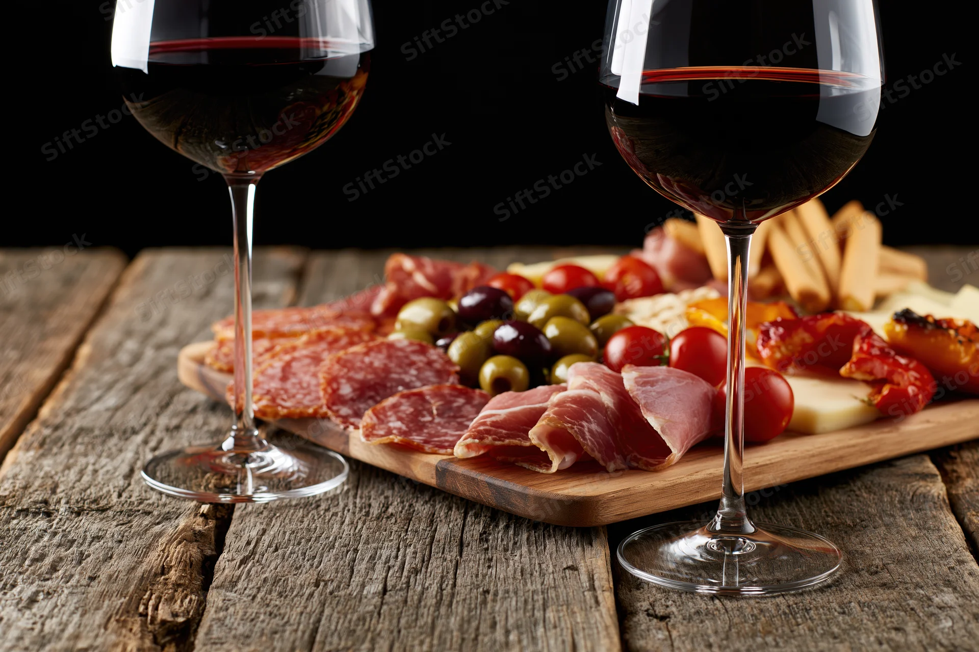 Two wine glasses with red wine beside a charcuterie board on a rustic wooden table