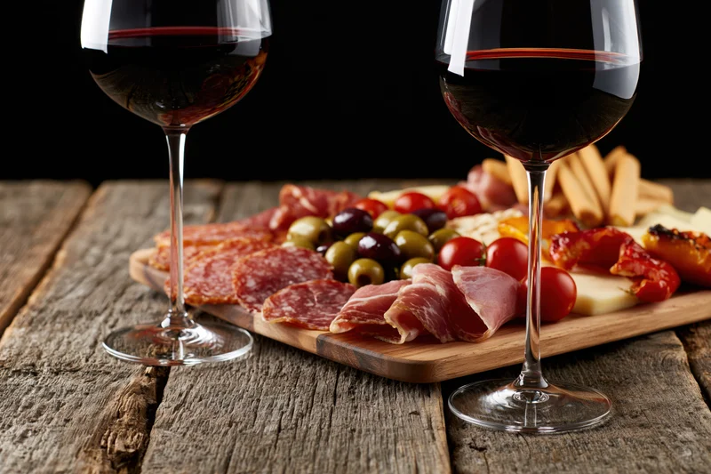 Two wine glasses with red wine beside a charcuterie board on a rustic wooden table