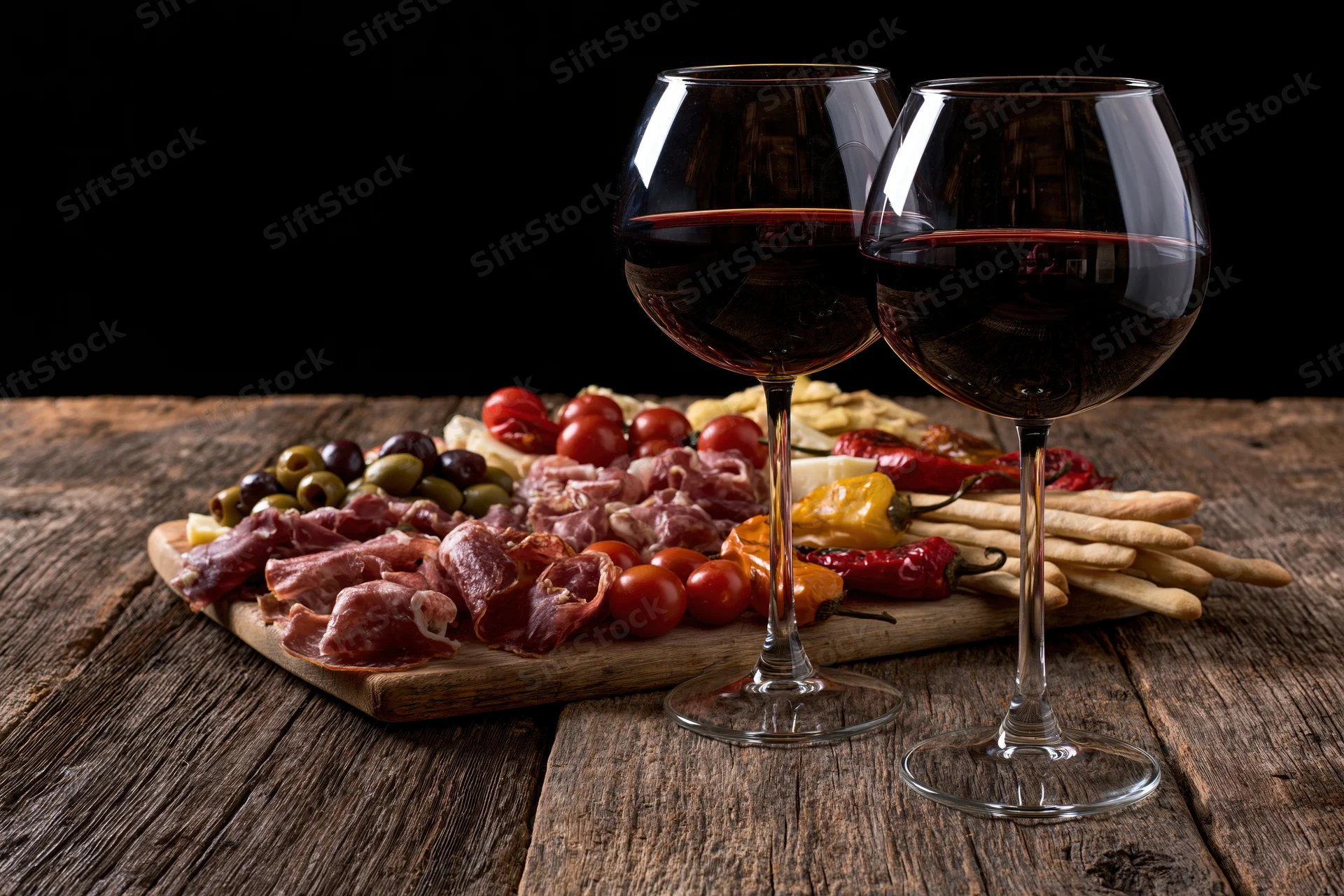 Two wine glasses with red wine in front of a charcuterie board on a wooden table