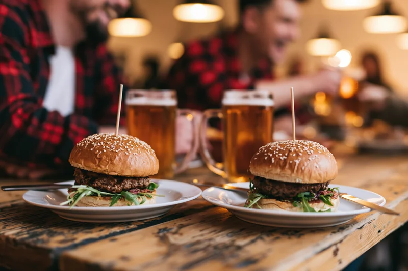 Two loaded burgers on white plates with beer mugs on a wooden table in a pub with men laughing in the background