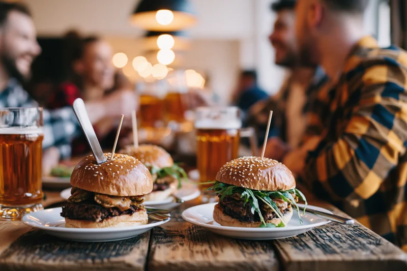 Two loaded pub burgers on white plates with beer glasses on a wooden table, surrounded by smiling men in casual clothing during a social gathering