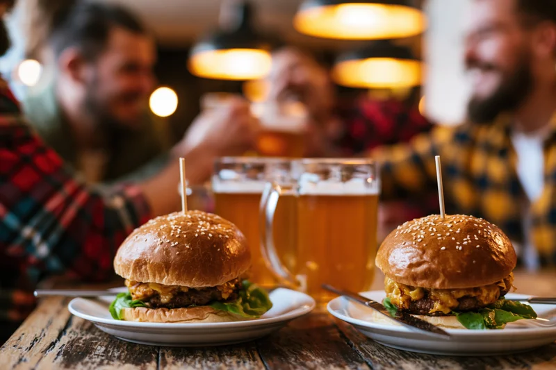 Two loaded burgers on white plates with beer mugs on a wooden table in a pub with men in plaid shirts laughing in the background