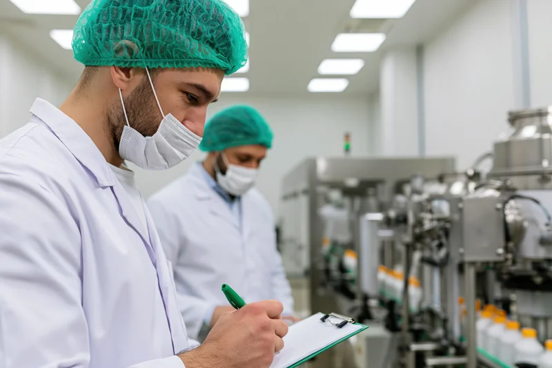 Two male inspectors in lab coats writing on clipboards during factory production line inspection