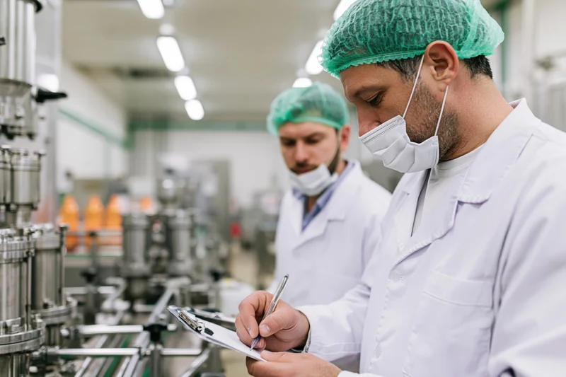 Two male inspectors in lab coats writing on clipboards during factory inspection