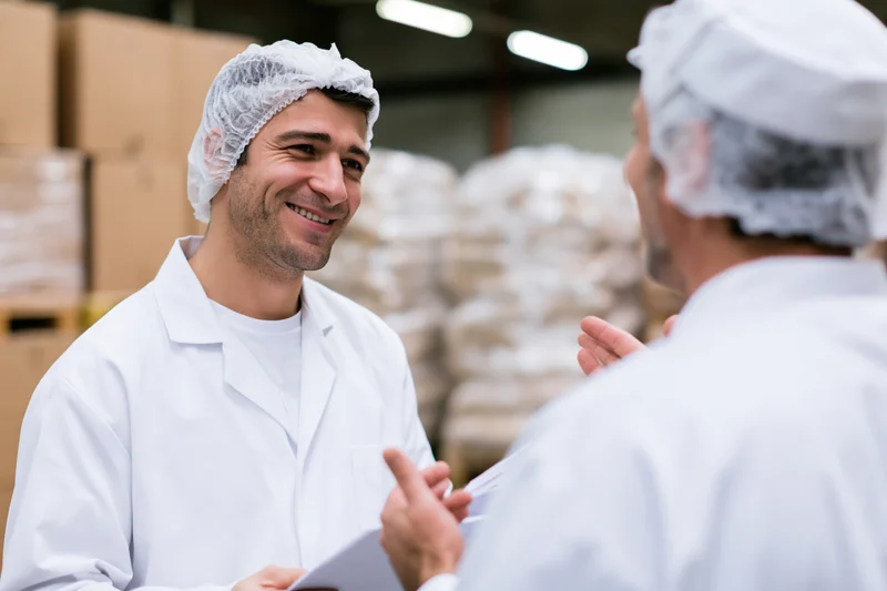 Two male food factory workers in white lab coats and hairnets discussing while holding a document in a warehouse setting