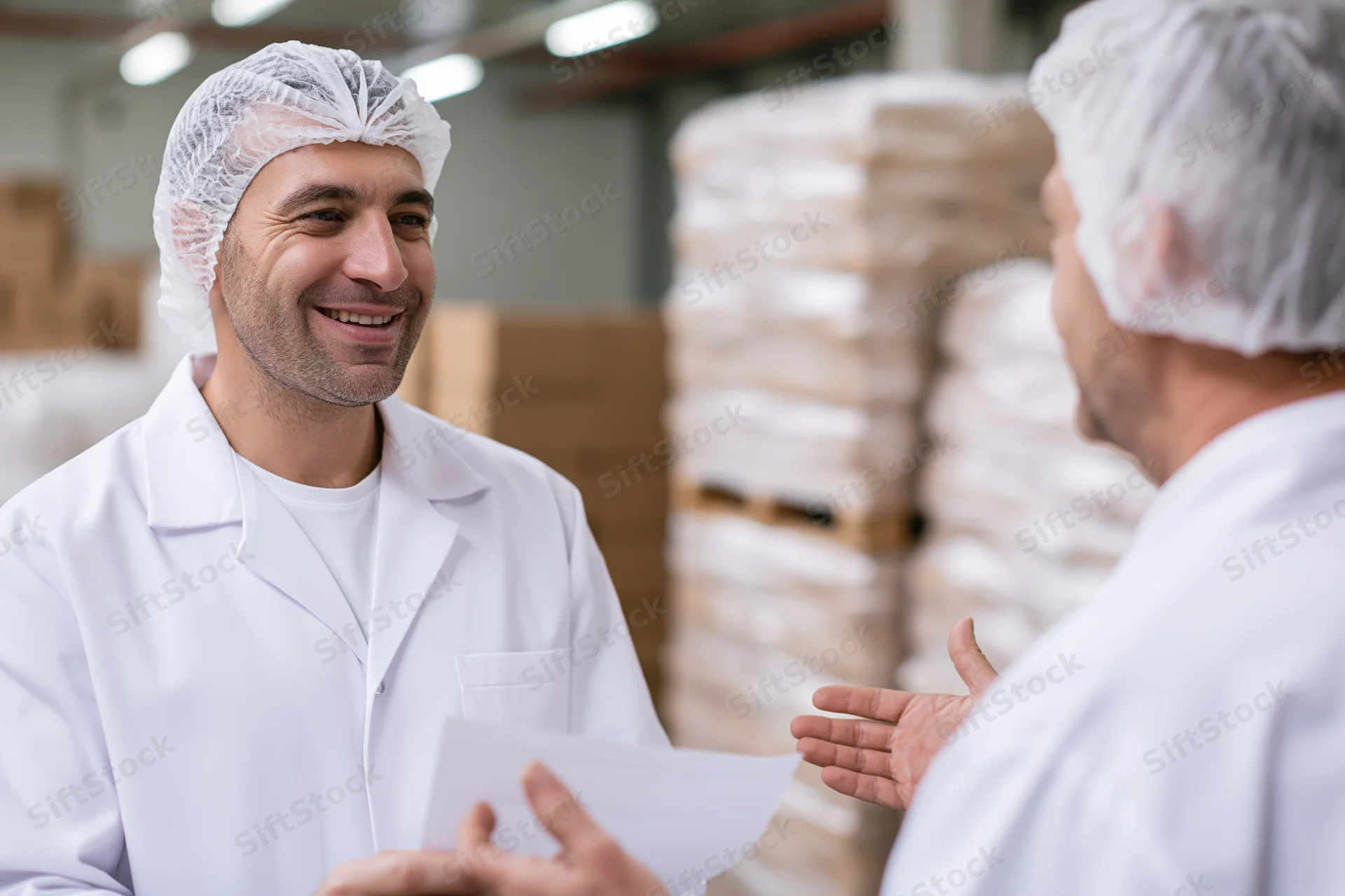 Two male food factory workers in white lab coats and hairnets smiling and discussing a document in a production facility