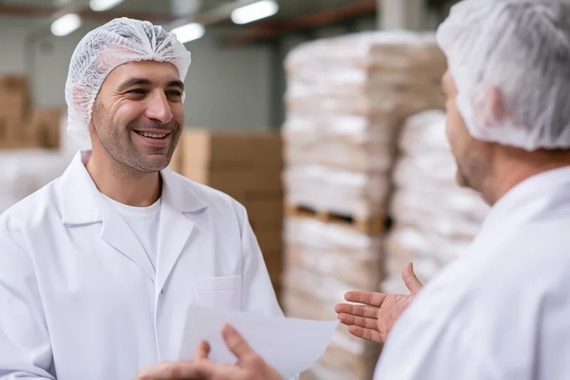 Two male food factory workers in white lab coats and hairnets smiling and discussing a document in a production facility