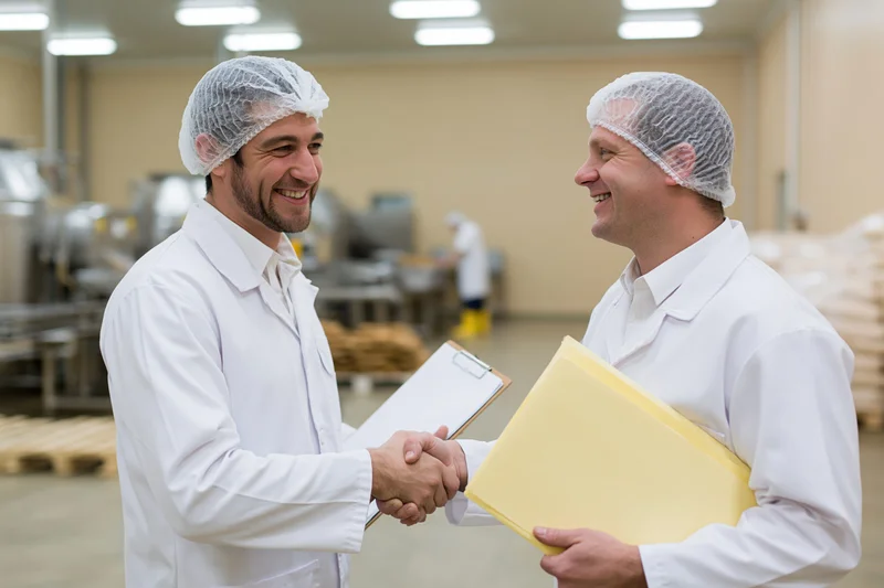 Two male food factory workers in white lab coats and hairnets shaking hands in a production facility