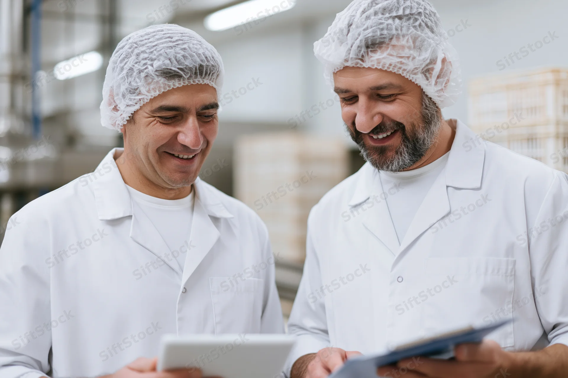 Two male food factory workers in white lab coats and hairnets smiling while reviewing digital tablet and clipboard in industrial facility