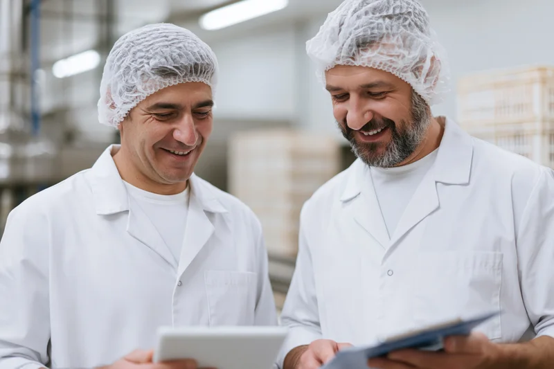 Two male food factory workers in white lab coats and hairnets smiling while reviewing digital tablet and clipboard in industrial facility