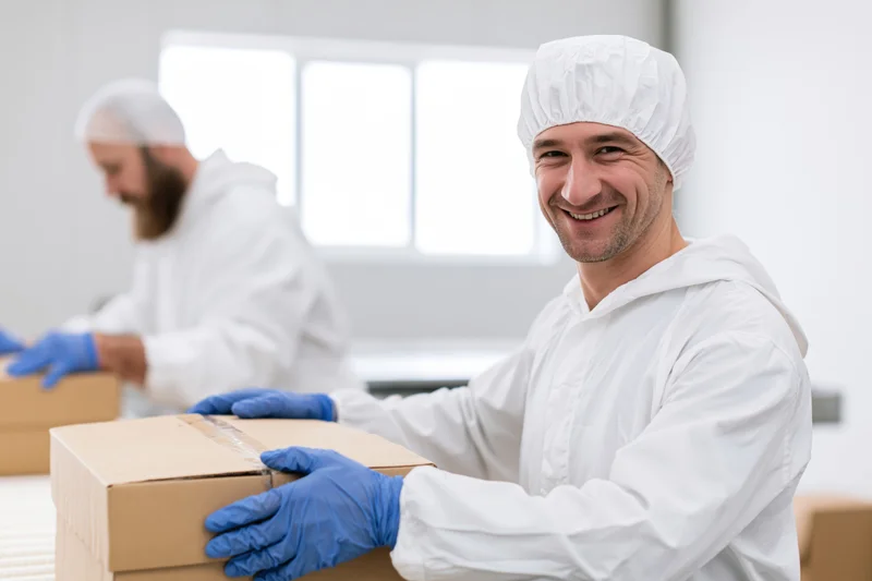 Smiling male worker in white protective coverall holding cardboard box in food factory setting
