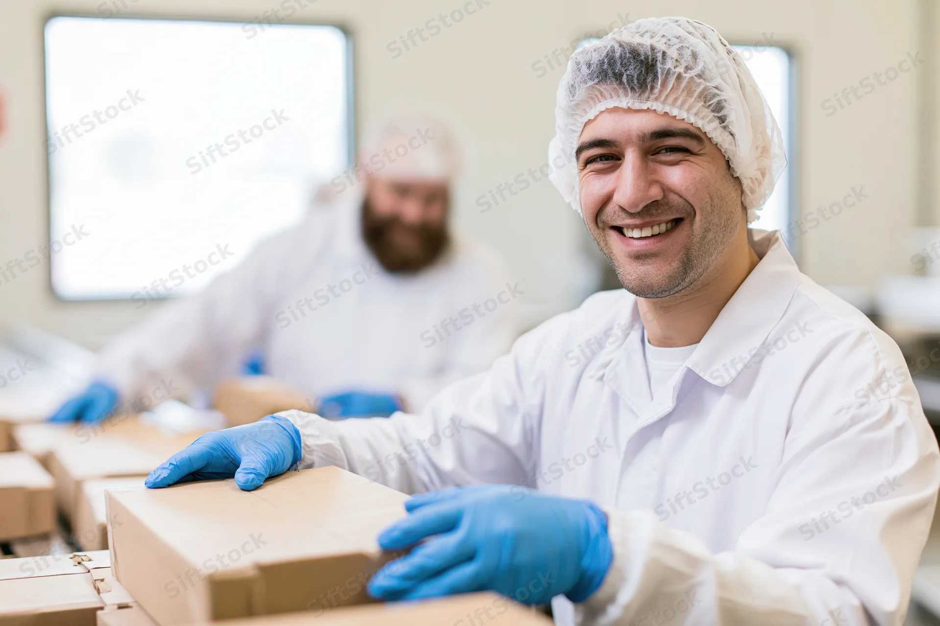 Smiling male worker in white coverall and blue gloves handling cardboard boxes on a production line in a food factory
