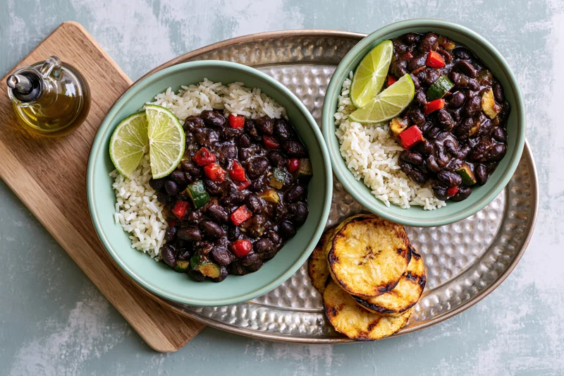 Two mint-green ceramic bowls with black beans and rice served on a metallic tray with grilled plantains and lime wedges