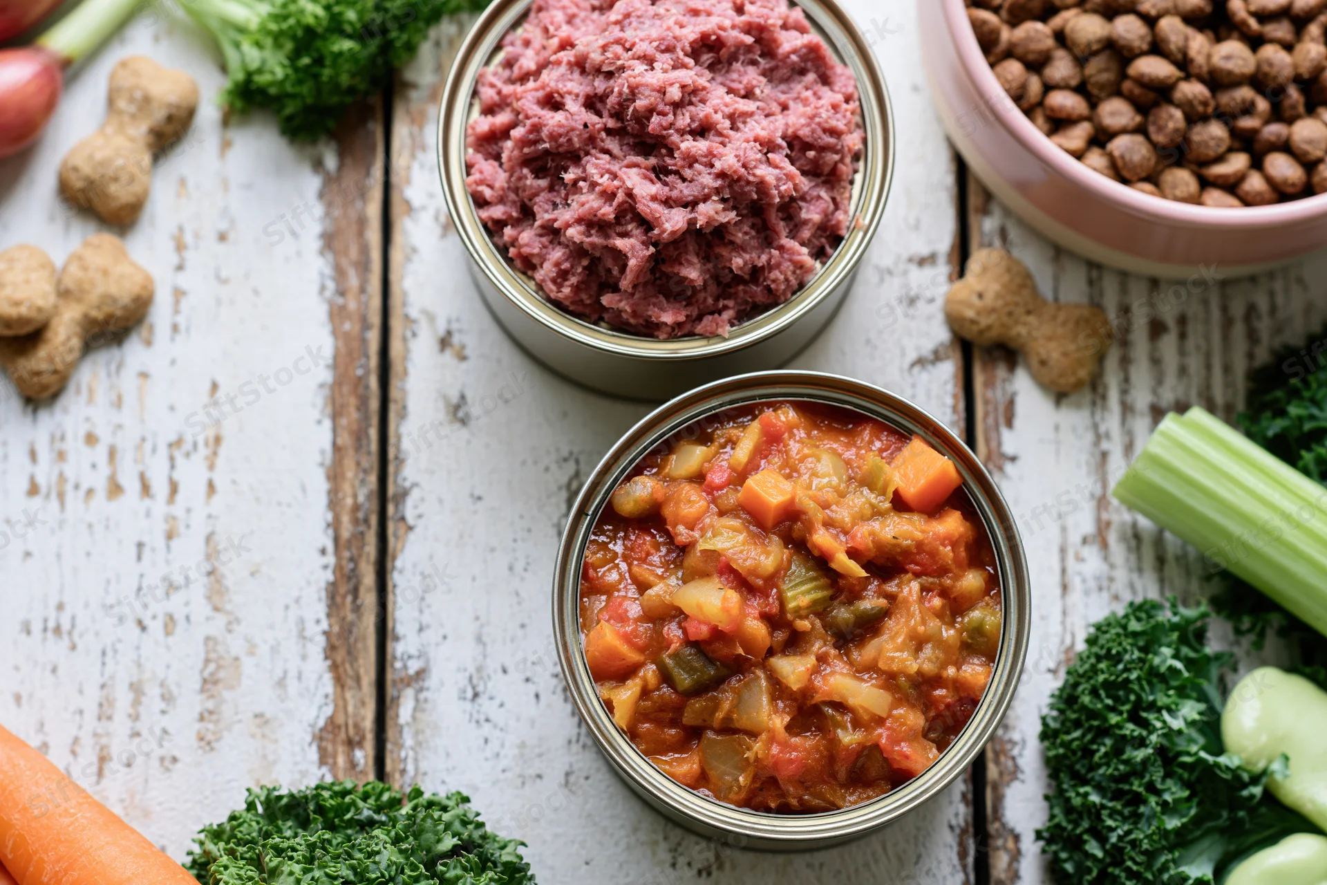 Two open cans of wet dog food with minced meat and vegetable stew arranged on a white wooden table with fresh vegetables and treats around