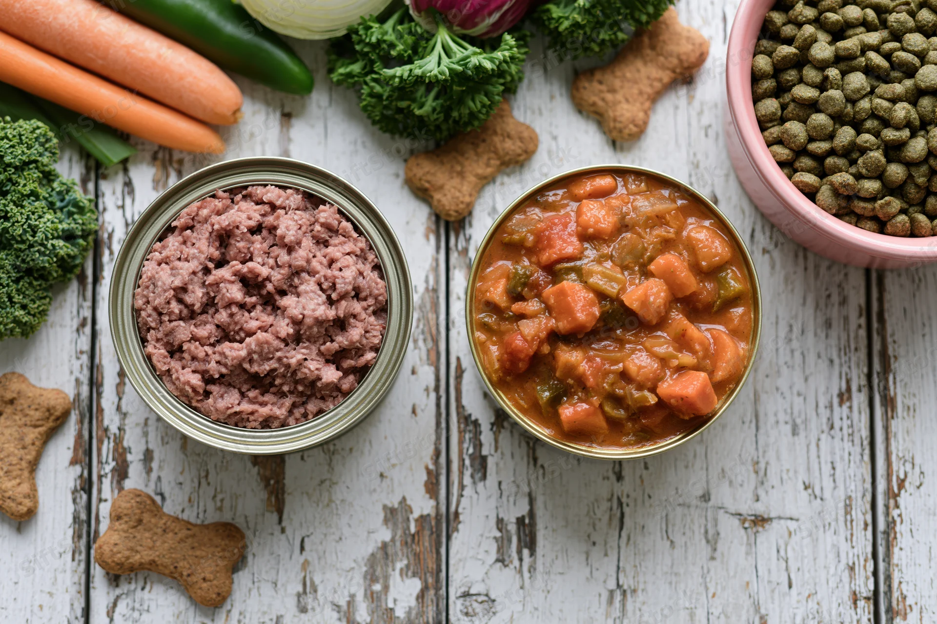 Two open cans of wet dog food with minced meat and vegetable stew on a rustic white wooden surface surrounded by fresh vegetables and bone-shaped treats