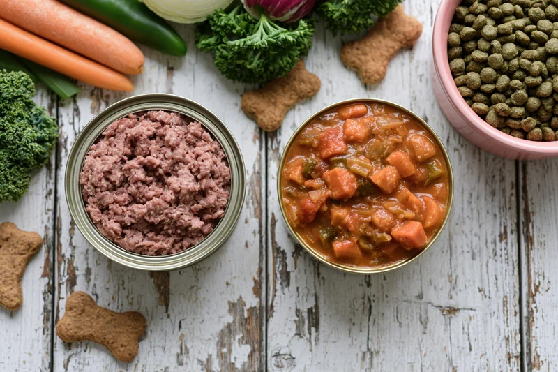 Two open cans of wet dog food with minced meat and vegetable stew on a rustic white wooden surface surrounded by fresh vegetables and bone-shaped treats