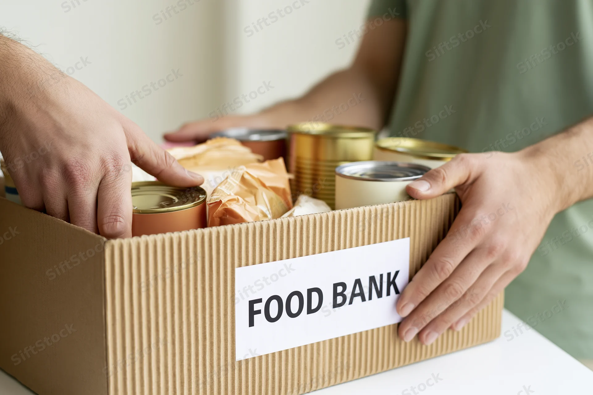 Hands packing canned goods and dry food packages into a cardboard box labeled food bank