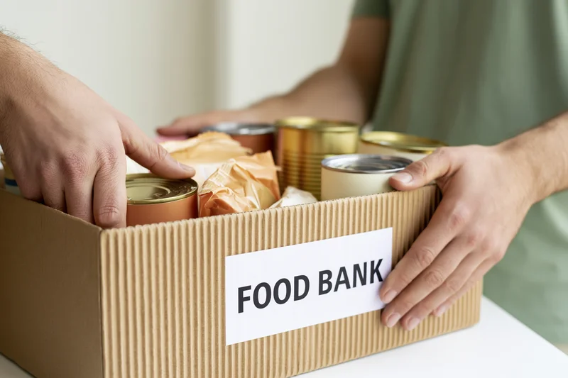 Hands packing canned goods and dry food packages into a cardboard box labeled food bank