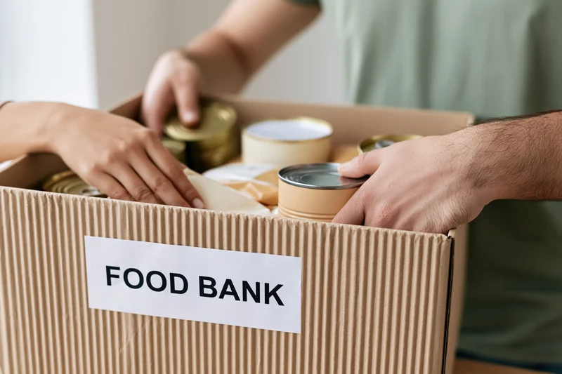 Hands packing canned goods and dry food into a cardboard box labeled food bank
