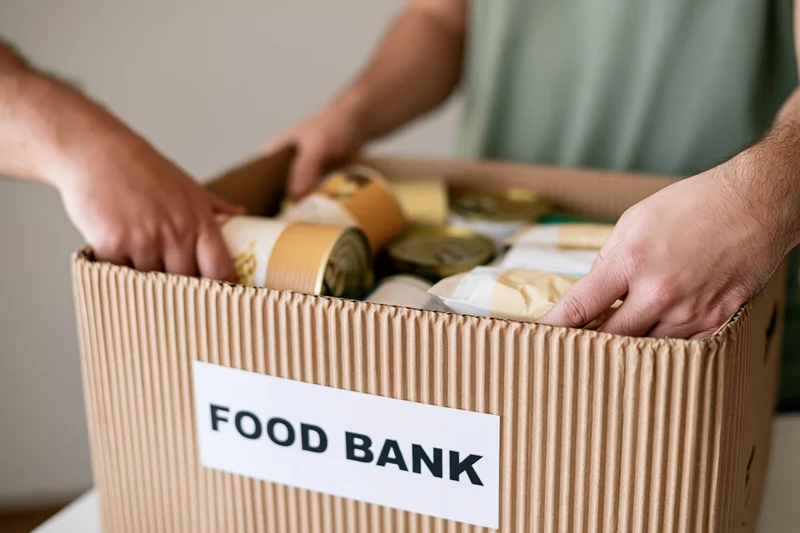 Hands packing canned and dry food into a cardboard box labeled food bank