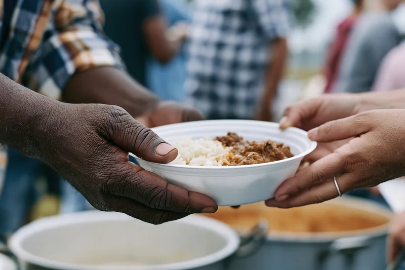 Weathered hands exchanging a white styrofoam bowl of rice and stew at a community food distribution event